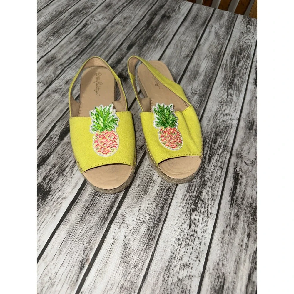 Lilly Pulitzer Yellow Slingback‎ Pineapple Canvas Espadrille's 7.5 Peep Toe